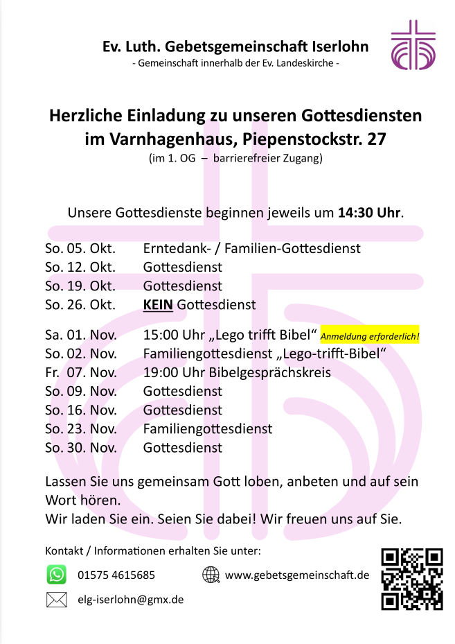 Gottesdienste Oktober/November 2025 in Iserlohn